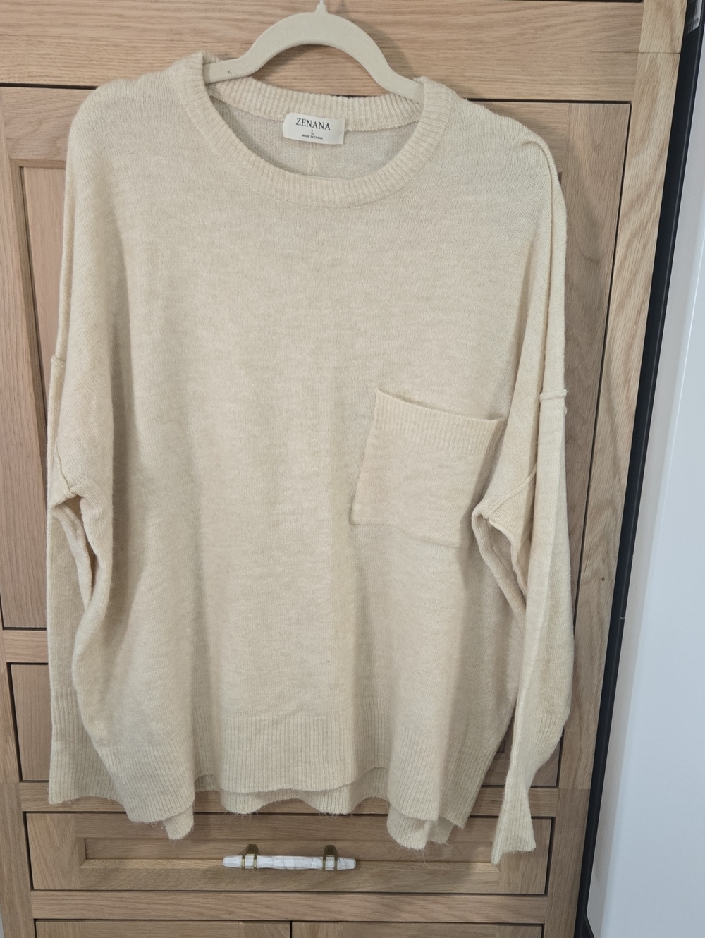 Zenana Outfitters Women’s Cream Crewneck Sweater with Chest Pocket